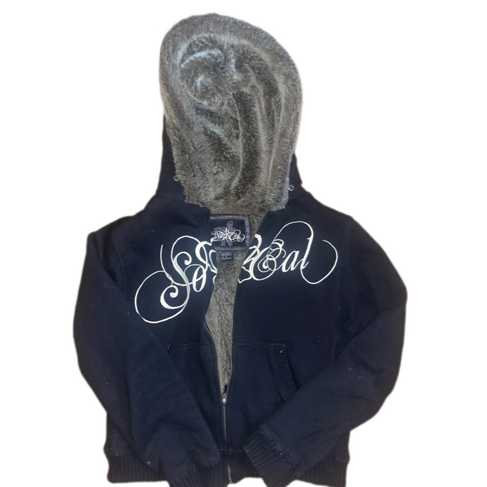 Y2K 2000 So Cal Women's Black Jacket with Faux Fur Hood SZ S